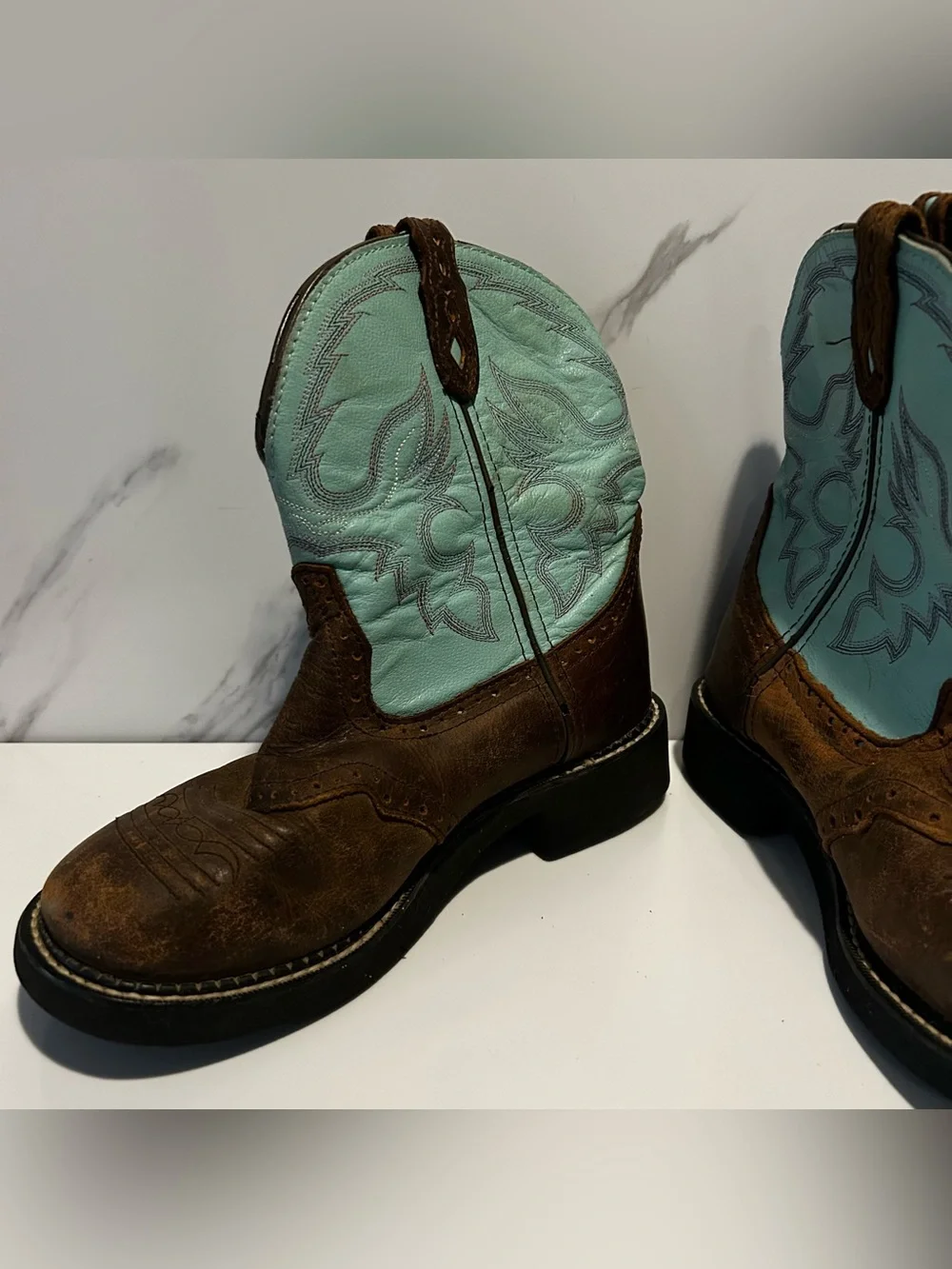 Kids Brown Leather Western Boots with Turquoise Shaft